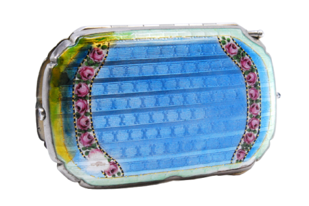  Caixa de Toilette em prata esmaltada e interior dourado com espelho e dois compartimentos.